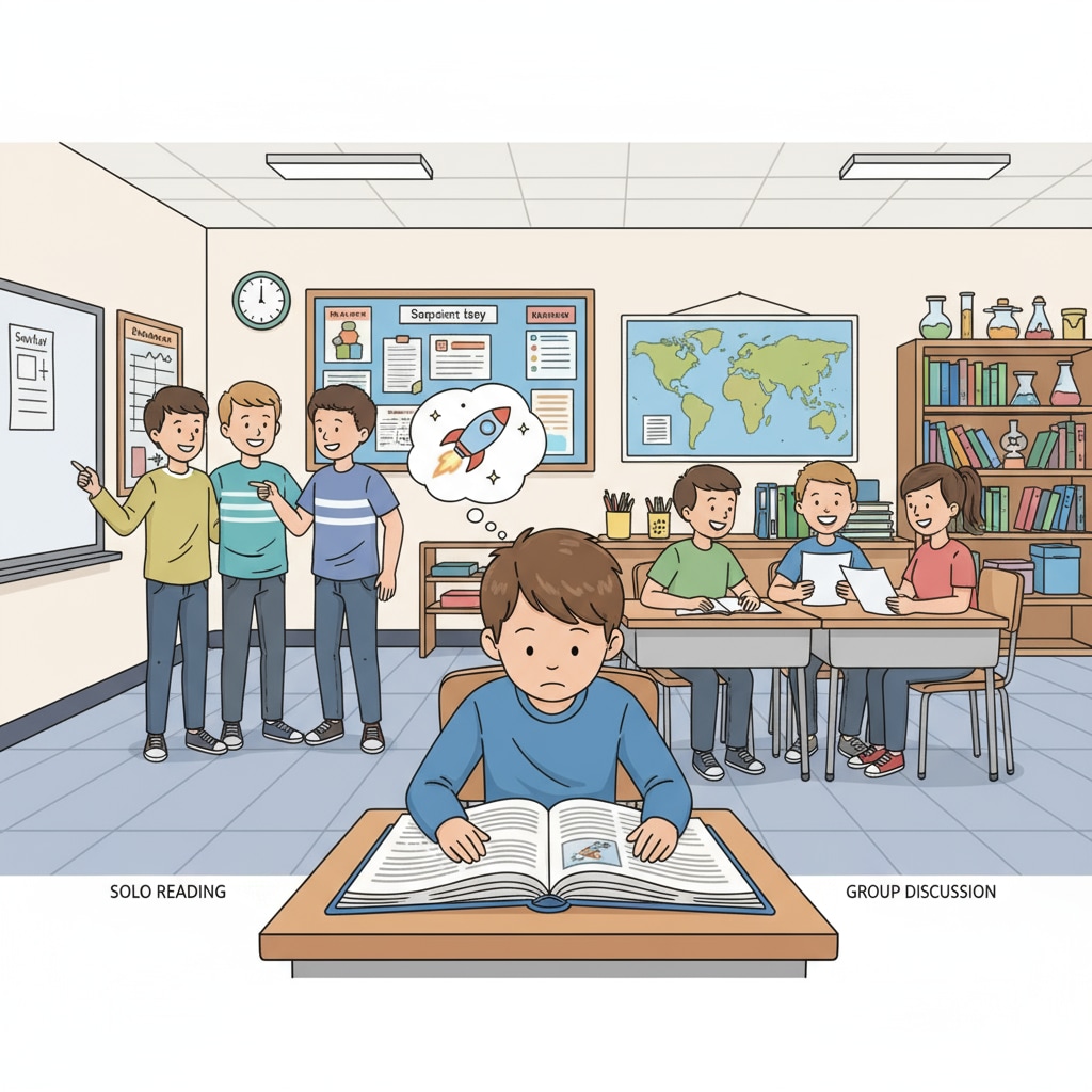 A single student is sitting at a desk, deeply engrossed in reading a book. Around the student, groups of students are chatting and interacting. This image depicts the situation of a solitary learner in a predominantly interactive classroom setting. A solitary learner in an interactive classroom environment with social pressure
