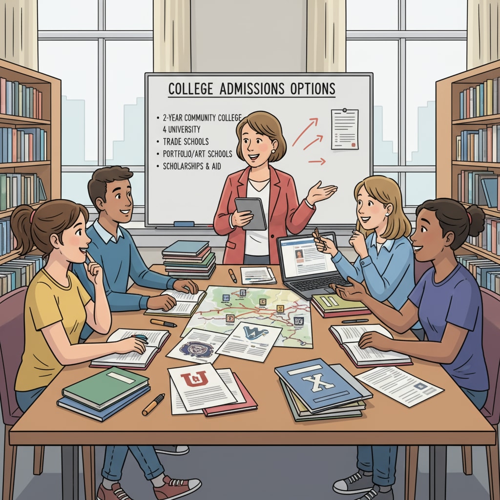 Students are gathered in a high school library, discussing college admission options, books and papers spread out on the table. High school students exploring early college entry options in a library
