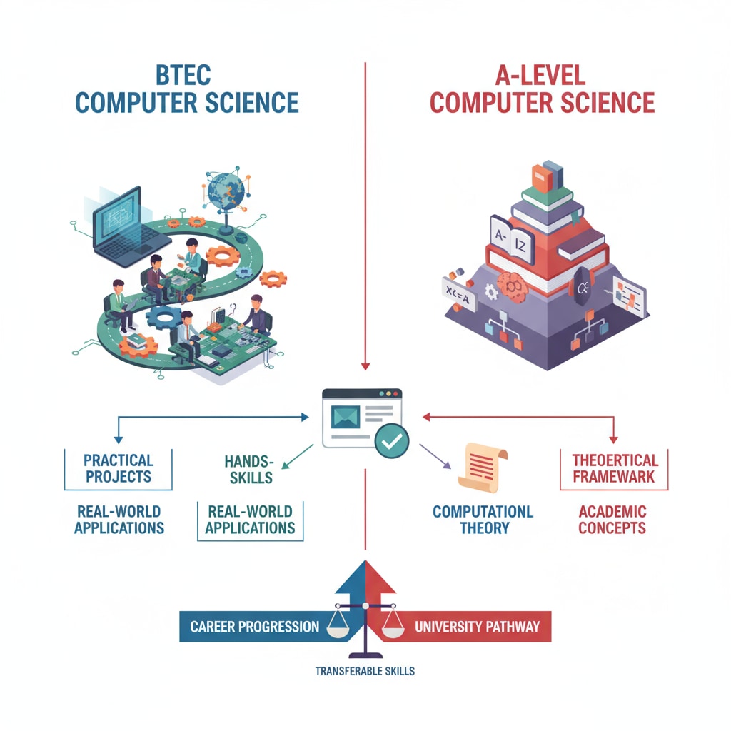 An illustration that shows how the curriculum structure of BTEC Computer Science focuses on practical projects and real-world applications, while A-level has a more theoretical framework. Comparison of curriculum structure between BTEC Computer Science and A-level in the context of higher education applications and career planning