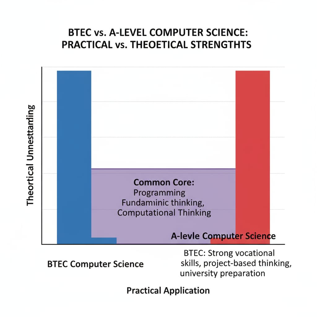 A graph presenting the contrast between the practical and theoretical aspects of BTEC and A-level Computer Science, highlighting their relative strengths. Graph comparing practical vs theoretical aspects of BTEC and A-level Computer Science for university applications and career development