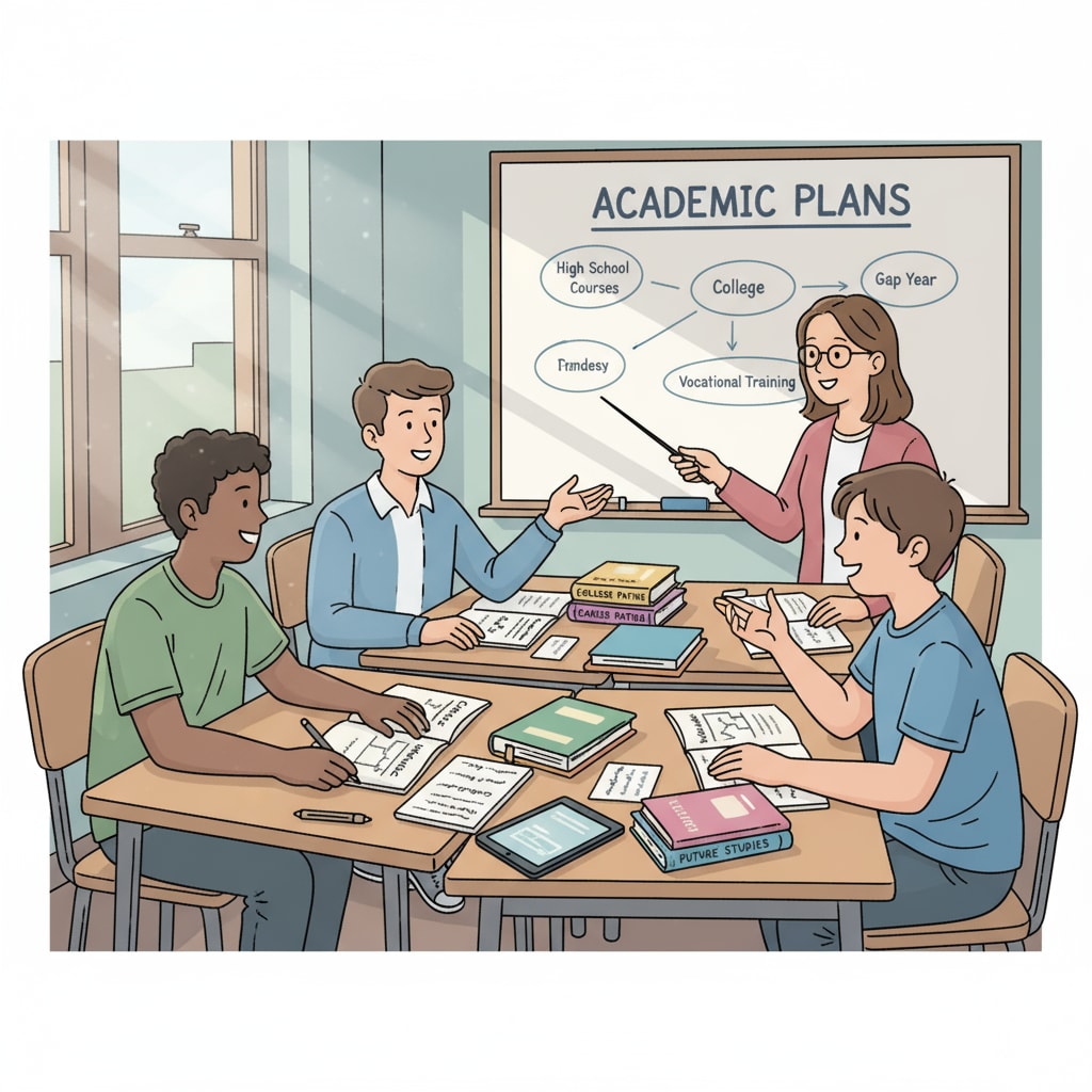 A group of students in a K12 classroom are engaged in a discussion about their academic plans, with notebooks and textbooks on the desks. K12 students discussing academic plans to avoid future university credit issues