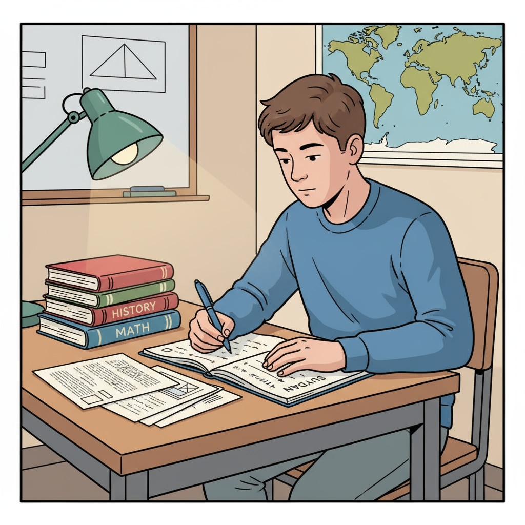 A student is sitting at a desk, writing a study plan with a pen, with books and papers neatly arranged. Student making a study plan to prevent uncompleted degrees and credit problems