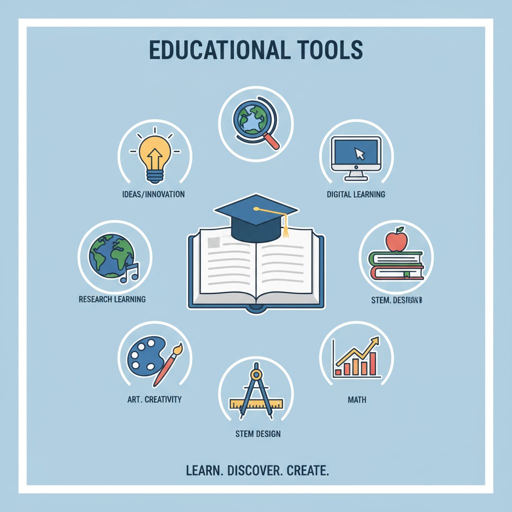 An illustration showing various educational tools represented by icons Icons of different educational tools related to ELIBRAIN, educational tools, and user reviews