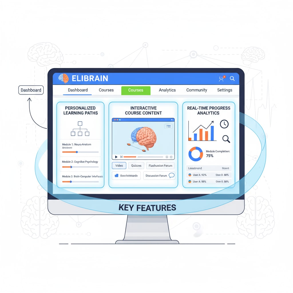 A screenshot of the ELIBRAIN platform interface highlighting its key features Screenshot of ELIBRAIN platform interface related to ELIBRAIN, educational tools, and user reviews