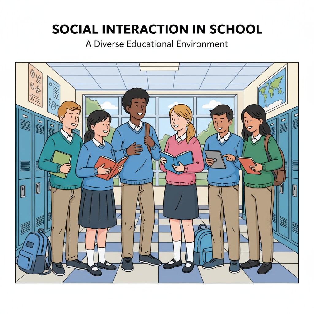Students of different backgrounds having a friendly conversation in a school corridor, demonstrating the social interaction aspect of a mixed educational setting. Students from diverse socioeconomic backgrounds chatting and sharing in a school corridor
