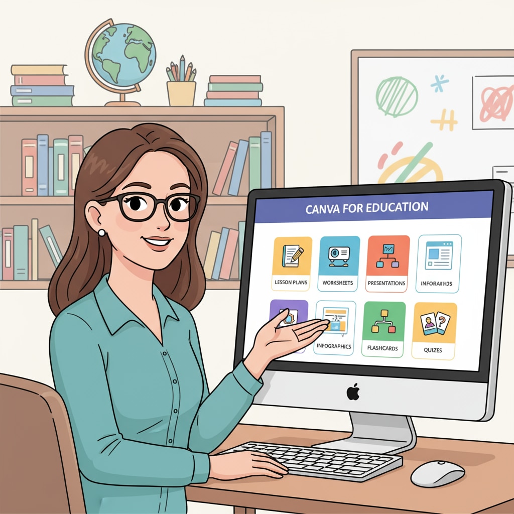A teacher using Canva to create educational resources for K-12 courses