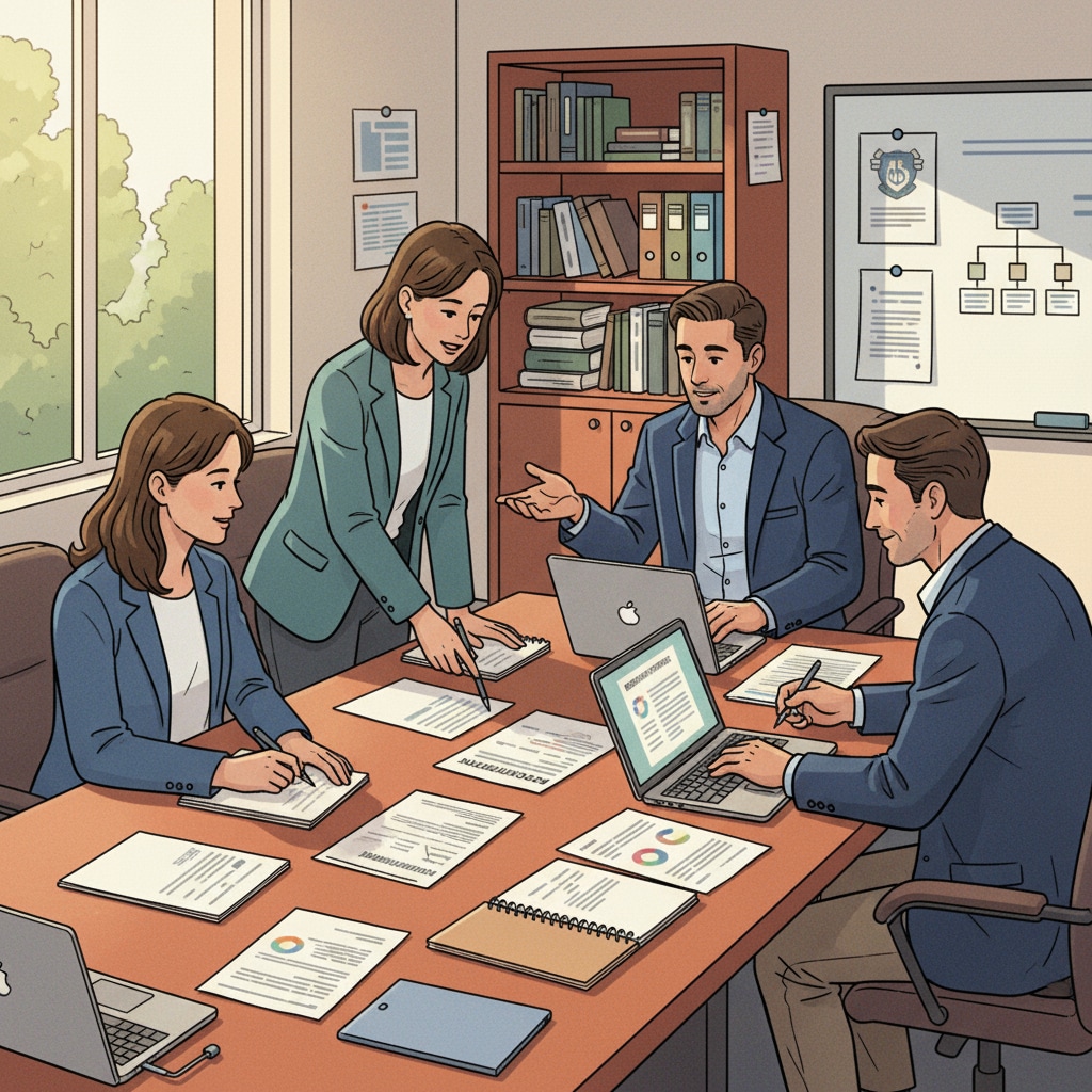 A group of educators are sitting around a table in a private school office, discussing recruitment strategies, with documents and laptops in front of them. Educators in a private school discussing recruitment services related to business feasibility