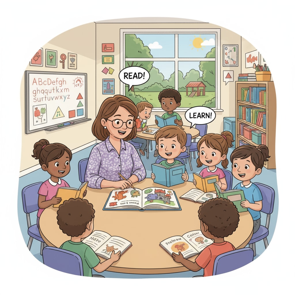 A classroom scene where children are engaged in reading activities under the guidance of a teacher Classroom scene demonstrating reading education with scientific methods