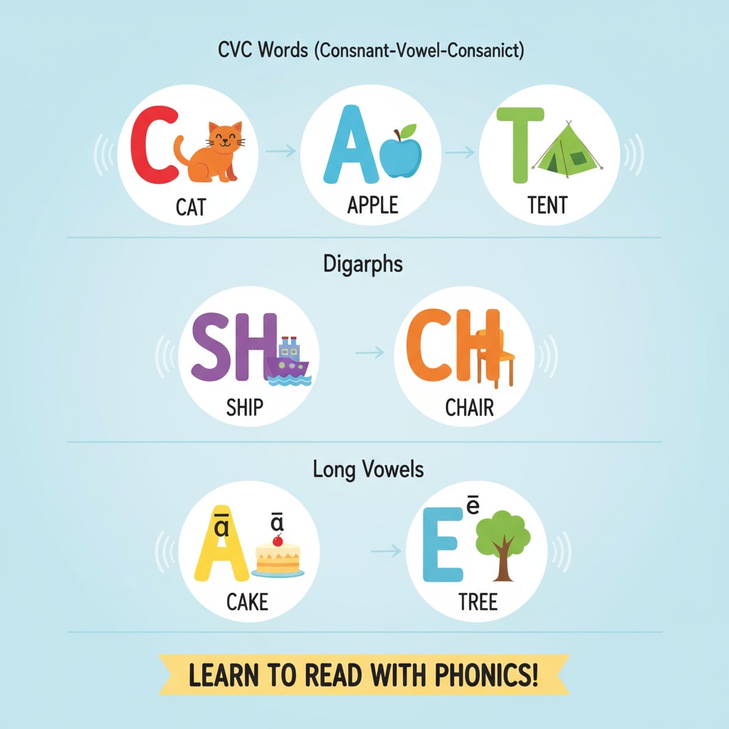A visual representation of phonics teaching with letter-sound associations Visual aid for scientific reading instruction - phonics