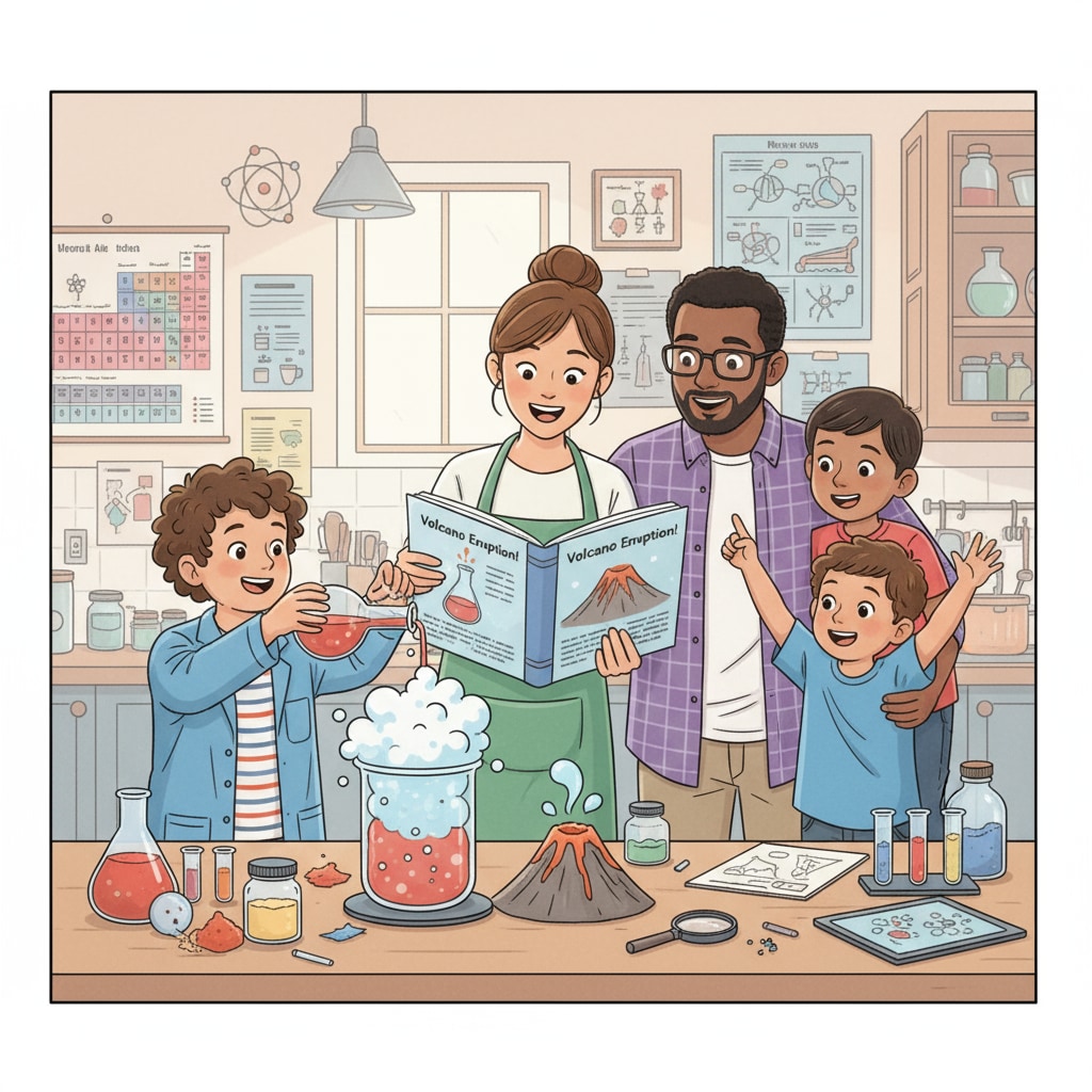 Family engaged in a DIY science experiment for science education at home
