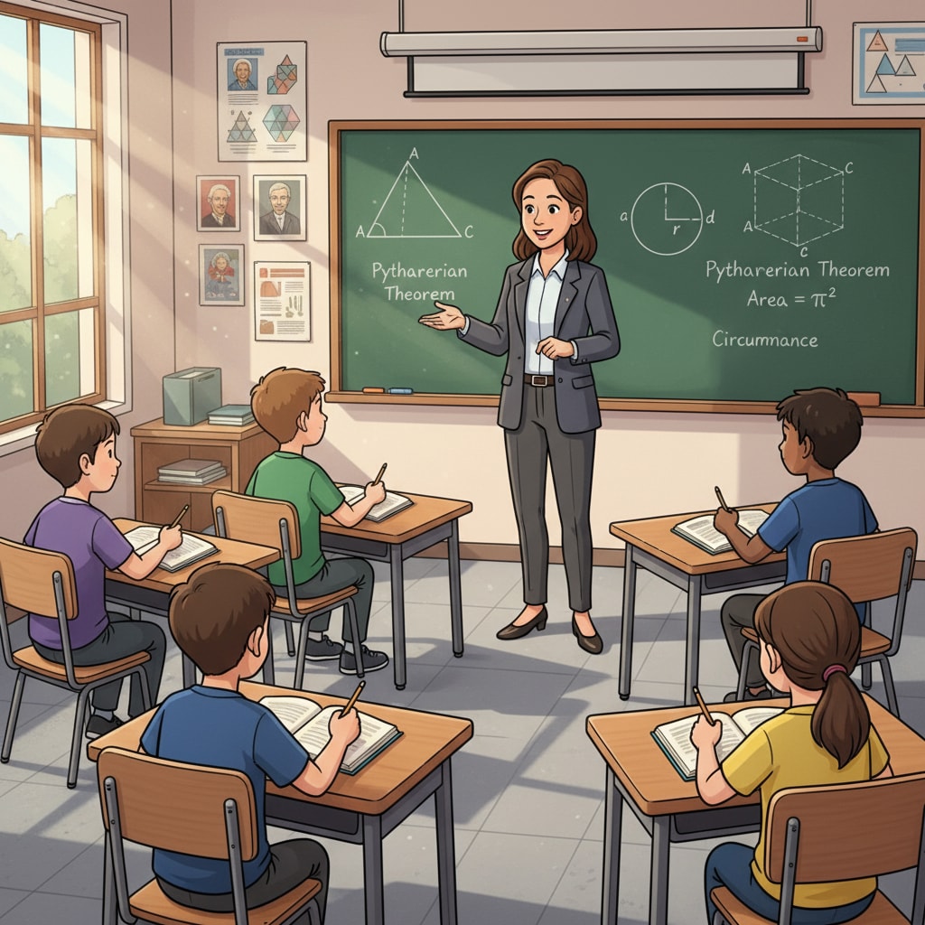 Students are in a geometry class, with the teacher at the blackboard. The students are focused on learning geometric concepts. American high school geometry class learning scene