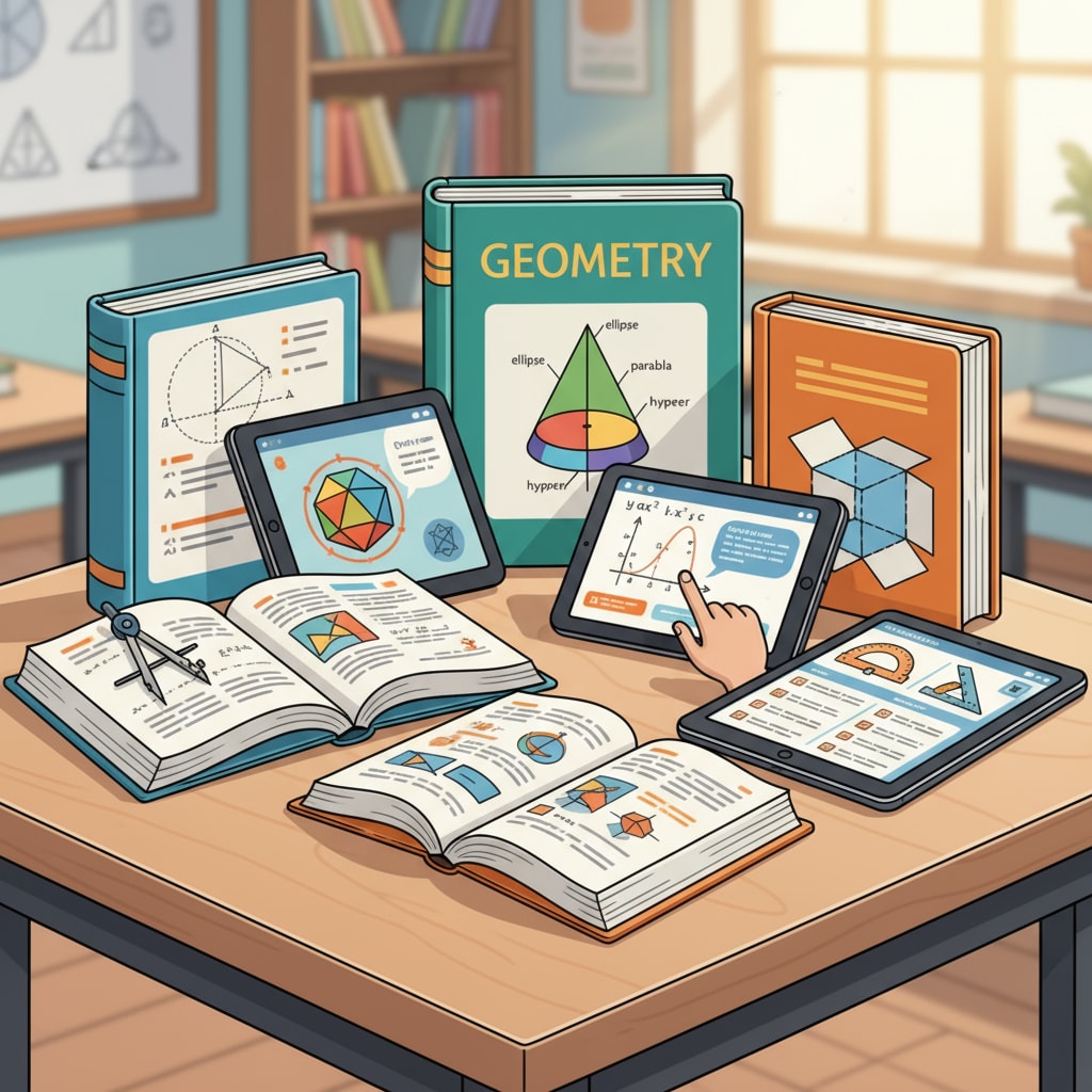A group of geometry textbooks and digital tablets are arranged, representing different teaching resources. American high school geometry teaching resources