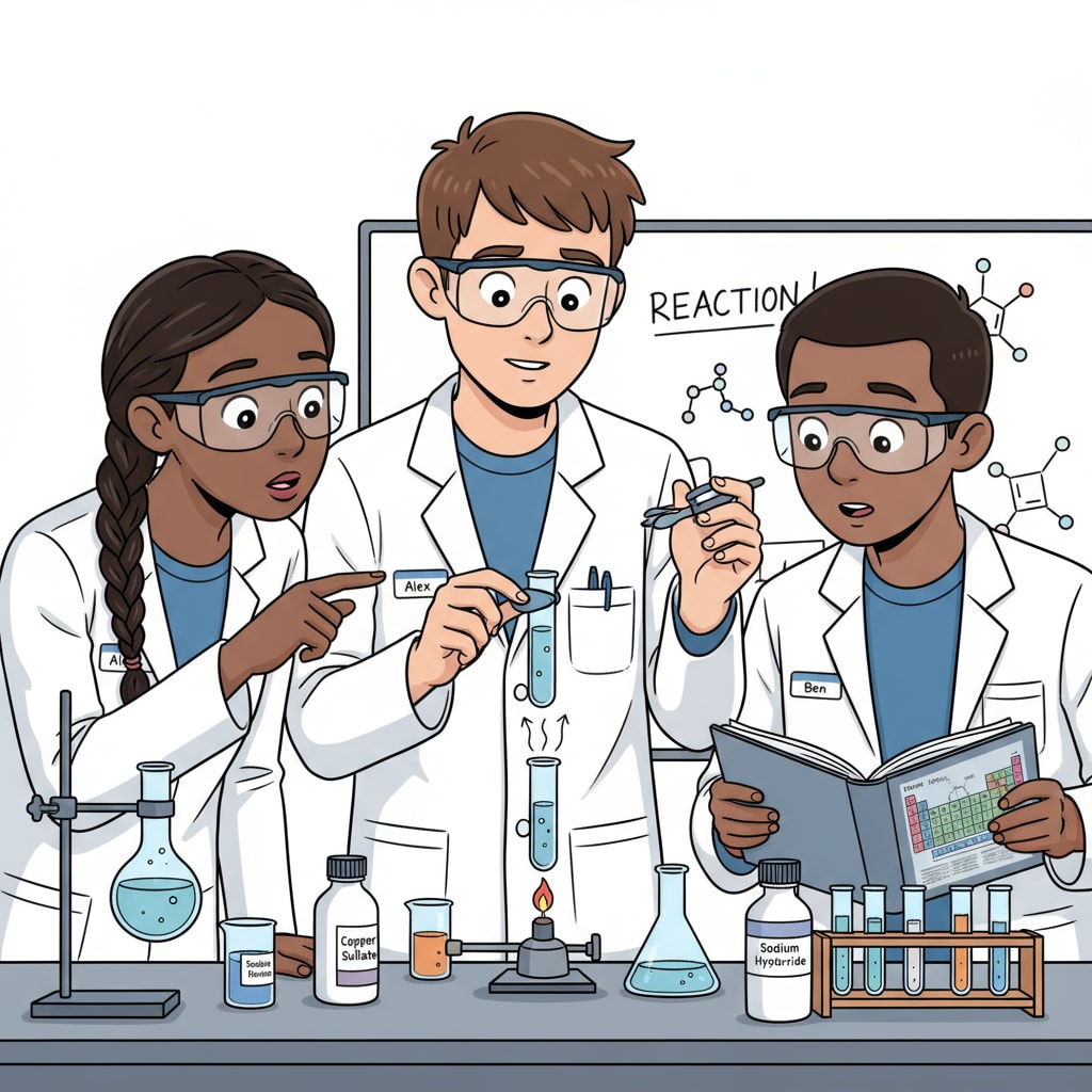 A group of high school students are carefully observing the reaction in a test tube during a simple chemical experiment in a school laboratory. High school students conducting chemical research experiment related to topic selection for high school projects