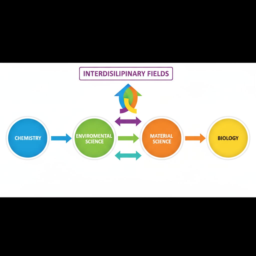 A colorful diagram with arrows showing the connections between chemistry, environmental science, material science, and biology, representing interdisciplinary fields. Diagram of interdisciplinary fields relevant to chemical research topic selection for high school projects