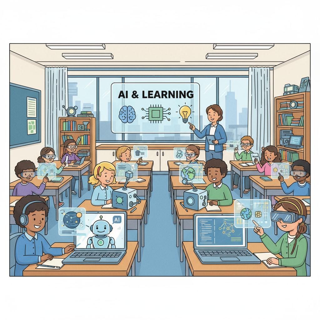 A classroom scene where AI education tools are being used on desks. AI education tools in a classroom environment for teachers' time management and teaching assistance