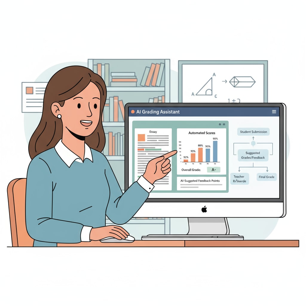A teacher is shown using an AI grading tool on a computer screen. A teacher utilizing an AI tool for time - saving grading and teaching assistance