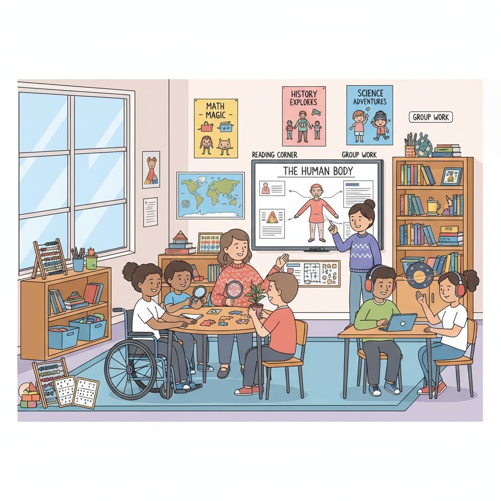 A classroom scene with students of different abilities participating in learning activities, showing an inclusive educational environment. Classroom scene related to school enrollment in special education with IEP implications