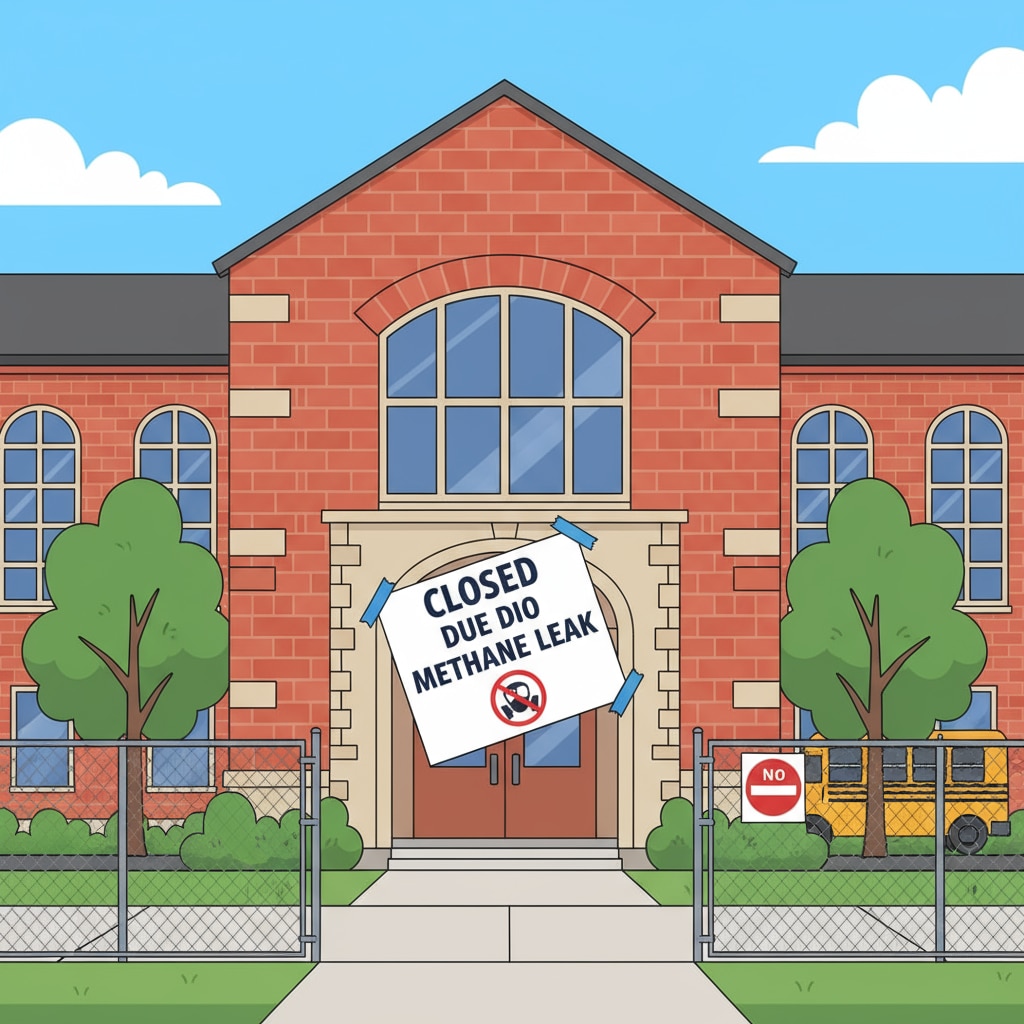 A closed school entrance with a sign stating 'Closed due to methane leak'. Closed school entrance due to methane leak