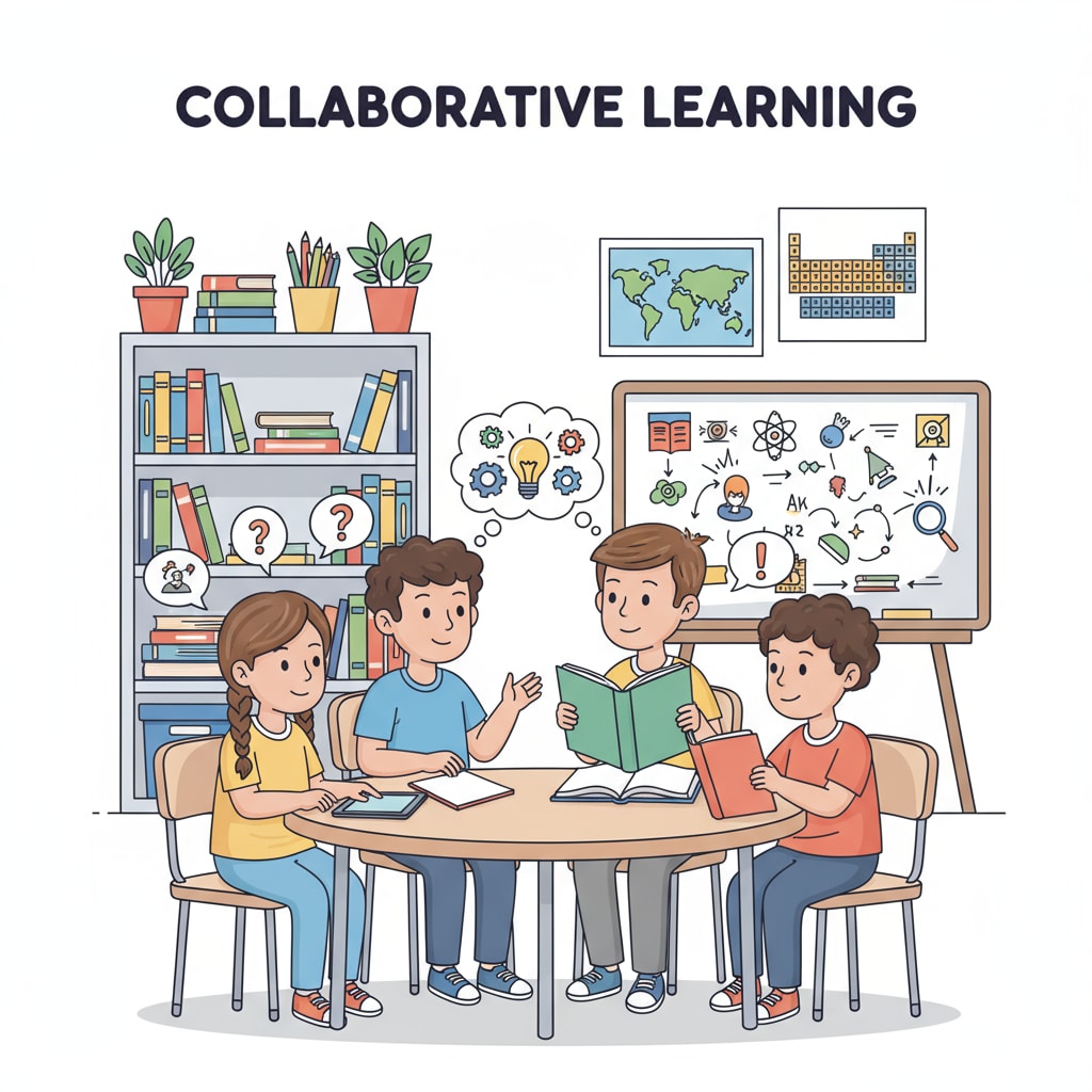 A group of K12 students are engaged in a collaborative learning activity, discussing ideas and sharing knowledge with each other. K12 students learning from others in a collaborative setting related to lifelong learning, ancient wisdom, and workplace growth