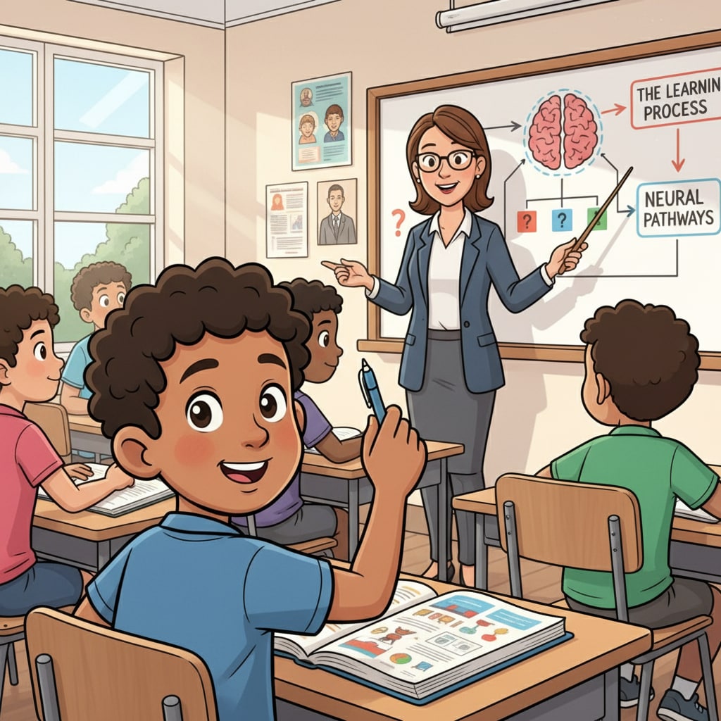 A K12 student is listening attentively to a teacher during a lesson, showing eagerness to learn and absorb knowledge. K12 student actively learning in a classroom setting relevant to lifelong learning, ancient wisdom, and workplace growth