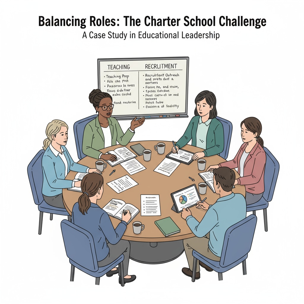 Charter school teachers discussing recruitment and teaching tasks under work pressure