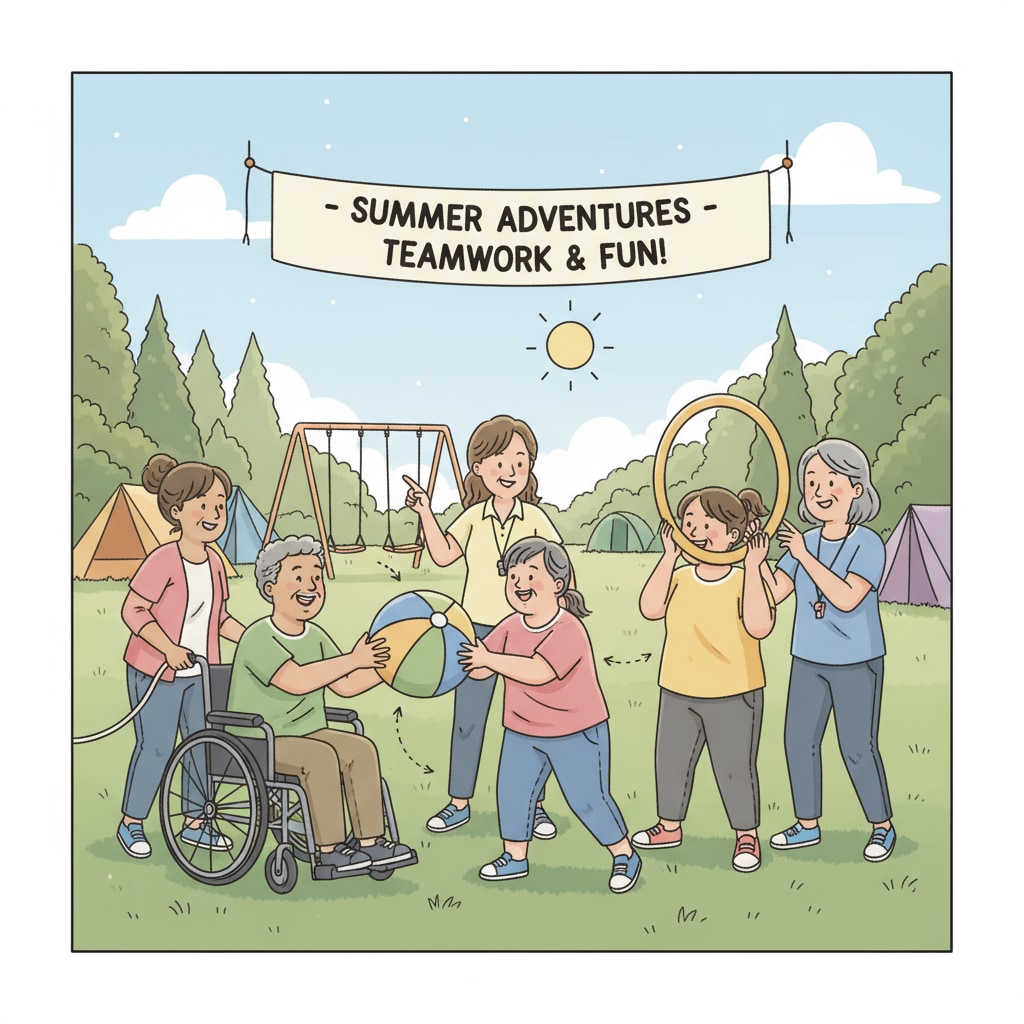 A group of older students with special needs in a summer camp activity, demonstrating the practical aspect of special education summer jobs and teaching experience.