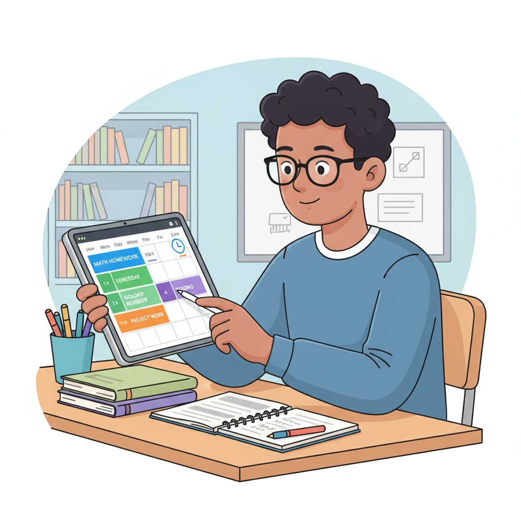 A young K12 student using a free digital calendar app to enhance organizational skills.