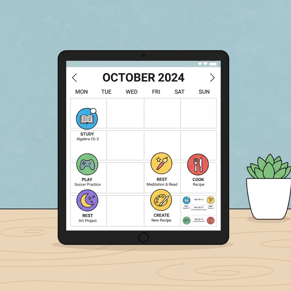 A free digital calendar app with colorful icons to help younger K12 students develop organizational skills.