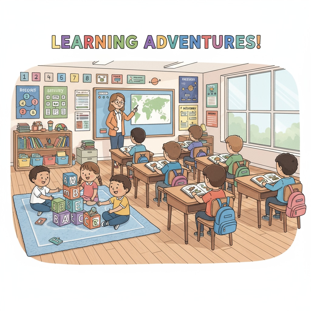A classroom scene with students of different ages and learning levels engaged in various activities, such as some kindergarteners playing with alphabet blocks while second-graders are reading books at their desks. Classroom scene of multilevel groups in a resource class engaged in differentiated learning activities