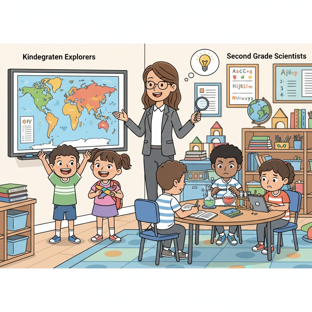 A teacher is interacting with a small group of students, where some are from kindergarten and some are from second grade. The teacher is guiding them through a learning task, with the younger students showing more enthusiasm and the older ones being more focused. Teacher working with a multilevel group of students in a resource class