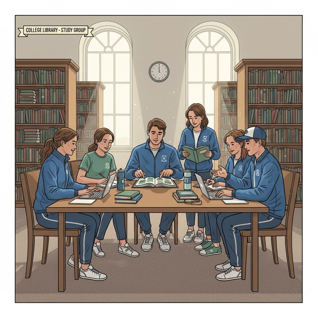 A group of student athletes sitting around a table in a college library, studying together. Student athletes studying in a college library to meet academic requirements for college admissions