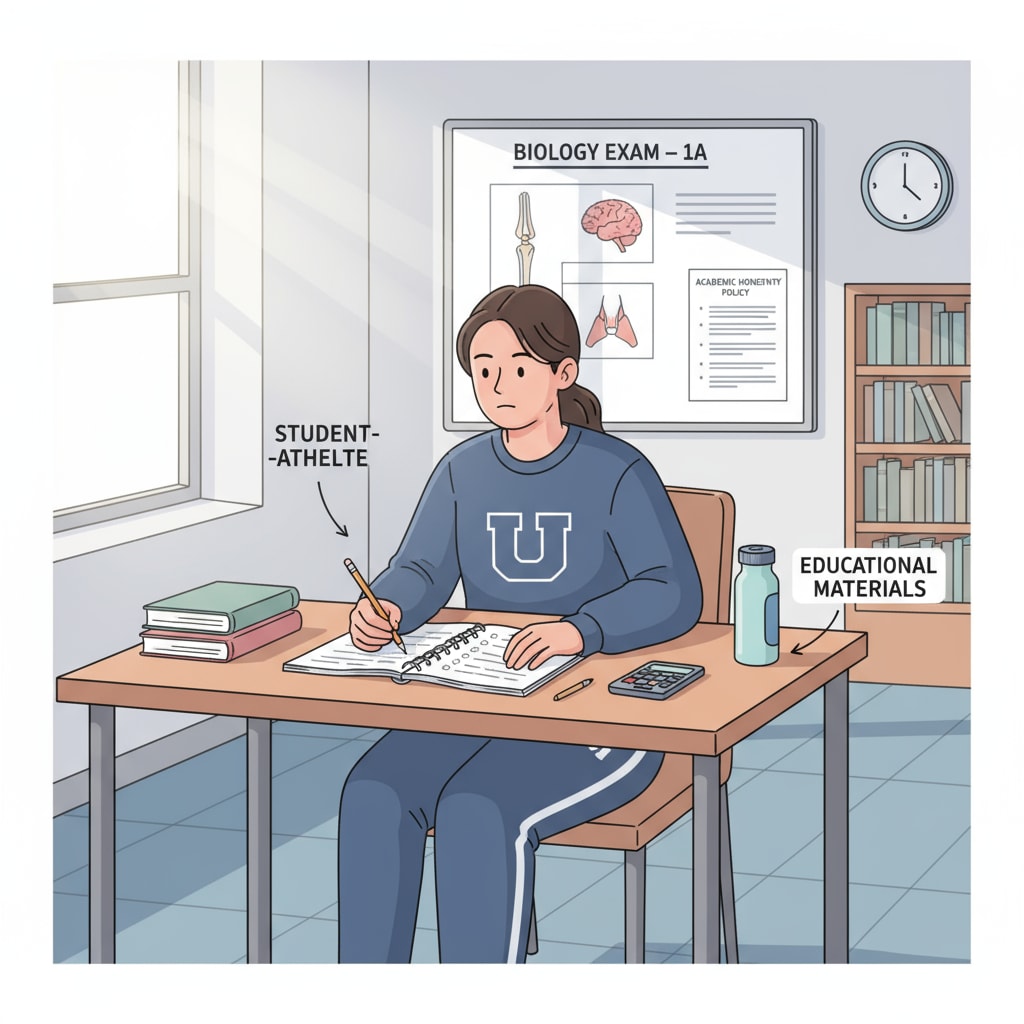 A student athlete sitting at a desk, taking an exam. Student athlete taking an exam as part of the academic requirements for college admissions