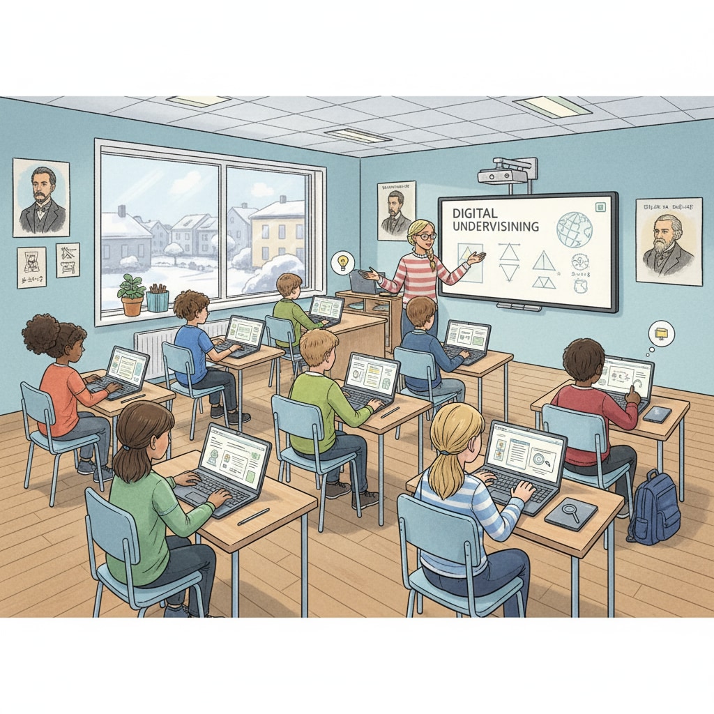 A Swedish classroom with students using laptops and tablets, representing the digital era in education. Students using digital devices in a Swedish classroom as part of the digital technology in educational transformation