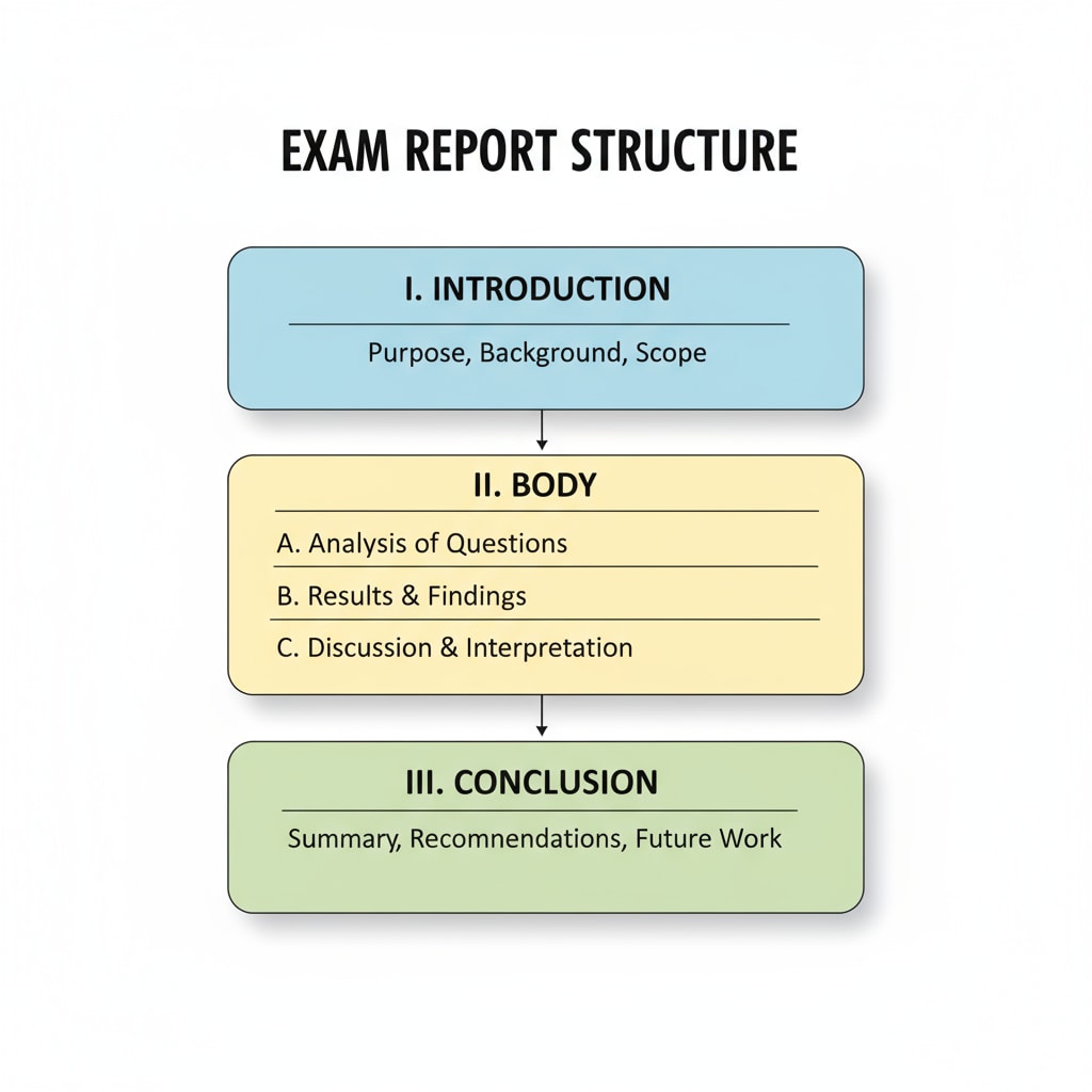 Diagram of the structure of an exam report for better academic writing and exam grades.