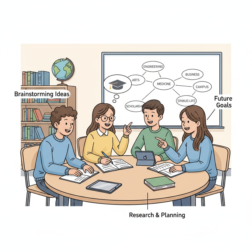 A group of junior high students are sitting around a table, discussing and writing down their ideas about future university applications. Junior high students discussing international university application plans