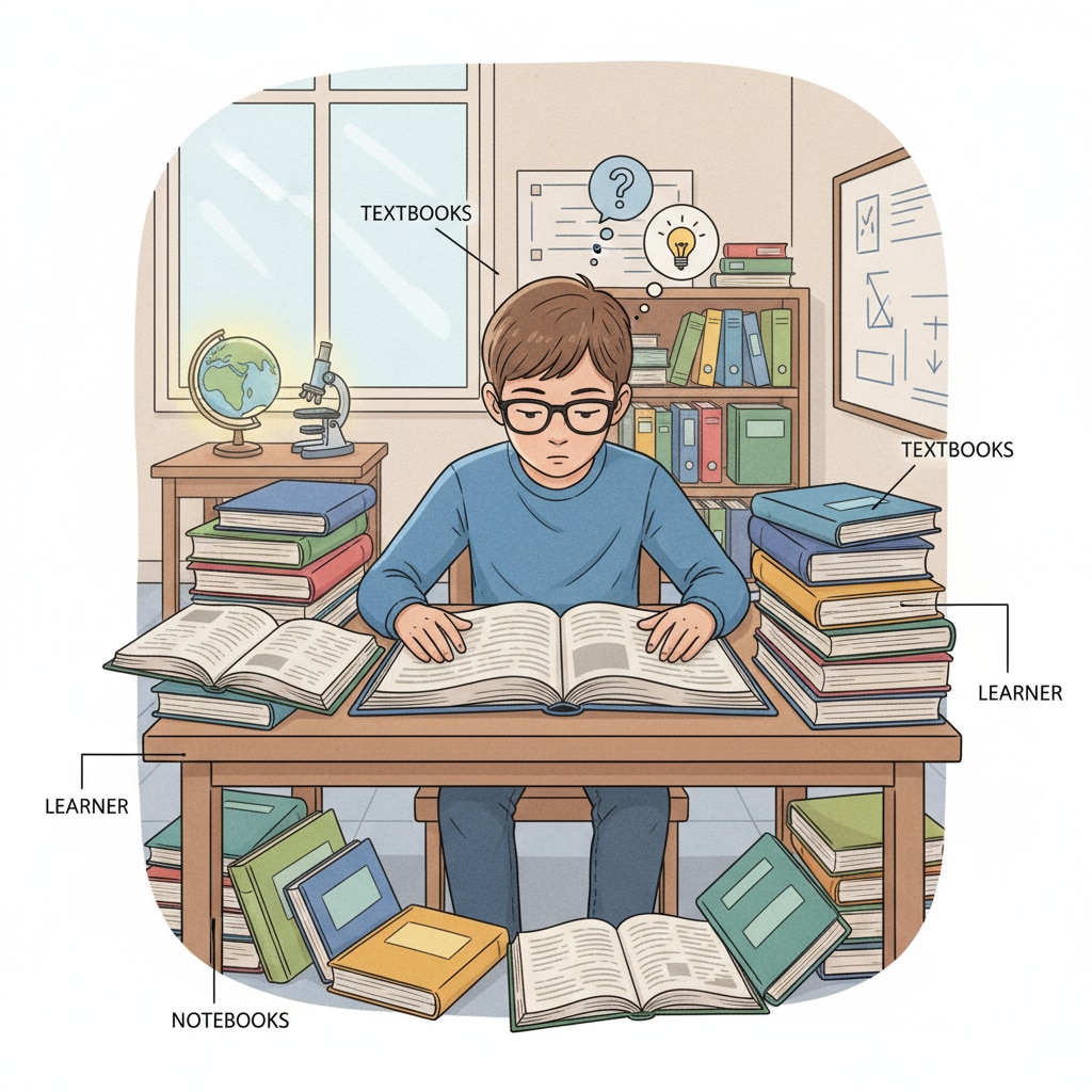 A student is sitting at a desk, surrounded by textbooks and notebooks, concentrating on studying. Student studying for international university preparation