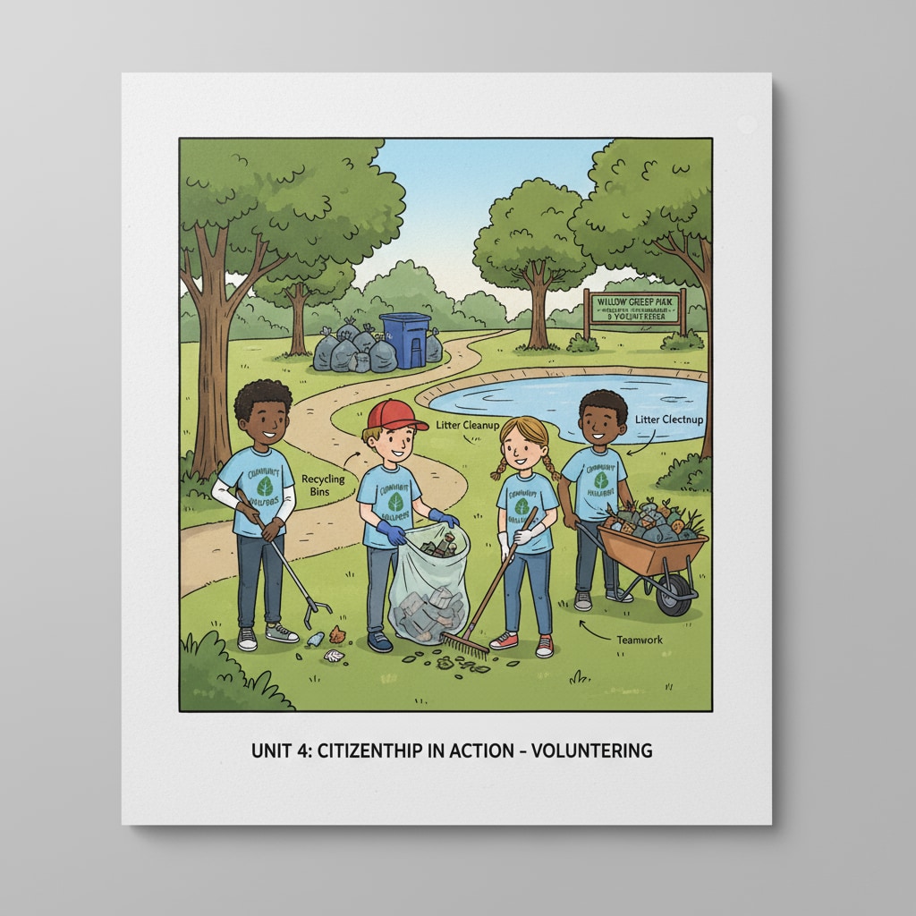 A group of students are engaged in a community service activity, helping to clean up a local park. Students participating in extracurricular community service for international university applications