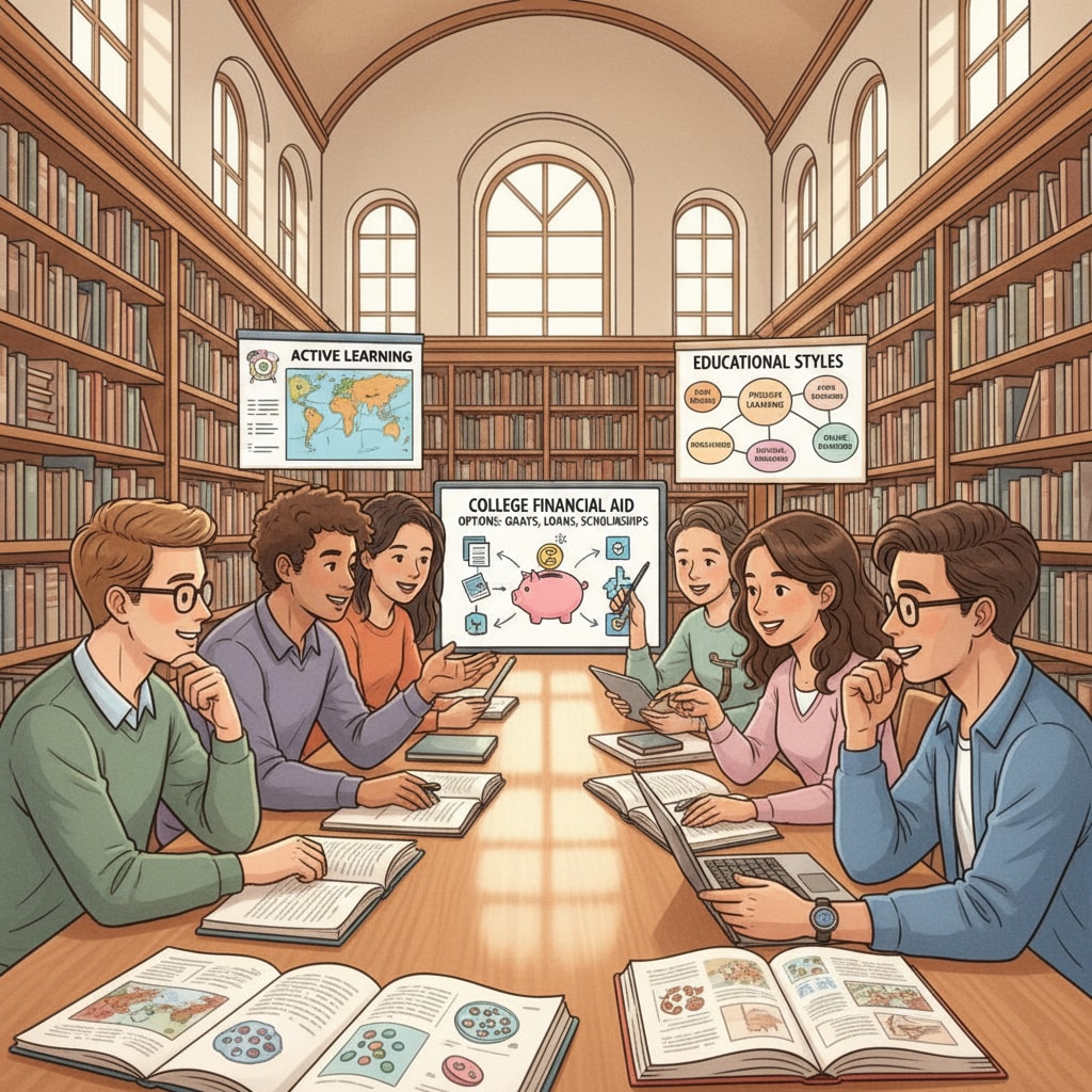 Students are engaged in a discussion about college financial aid options in a library setting, surrounded by bookshelves and study tables. Students discussing college financial aid options in a library related to special immigration status