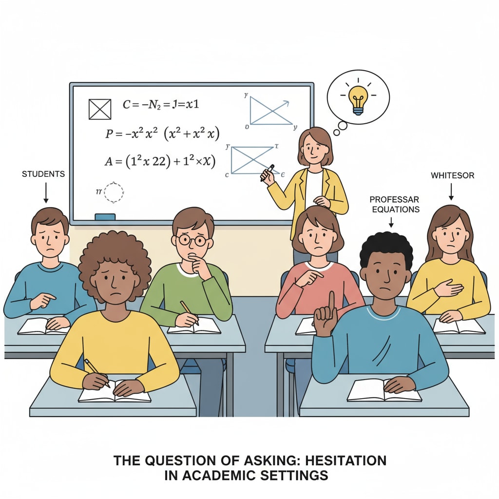 Students in a classroom showing hesitation in asking questions related to university mathematics, questioning frequency, and teachers' feelings