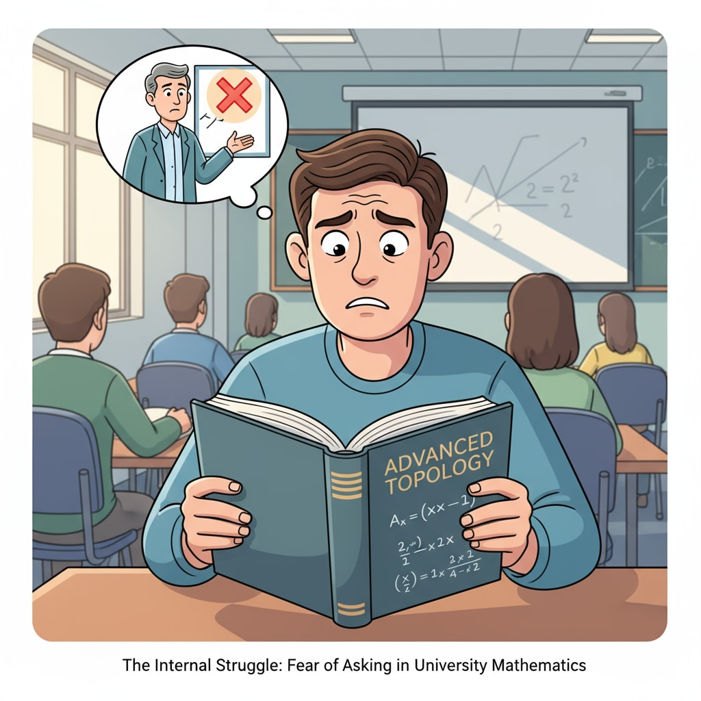 A worried student with a math textbook, reflecting concerns about asking questions in university mathematics regarding questioning frequency and teachers' feelings