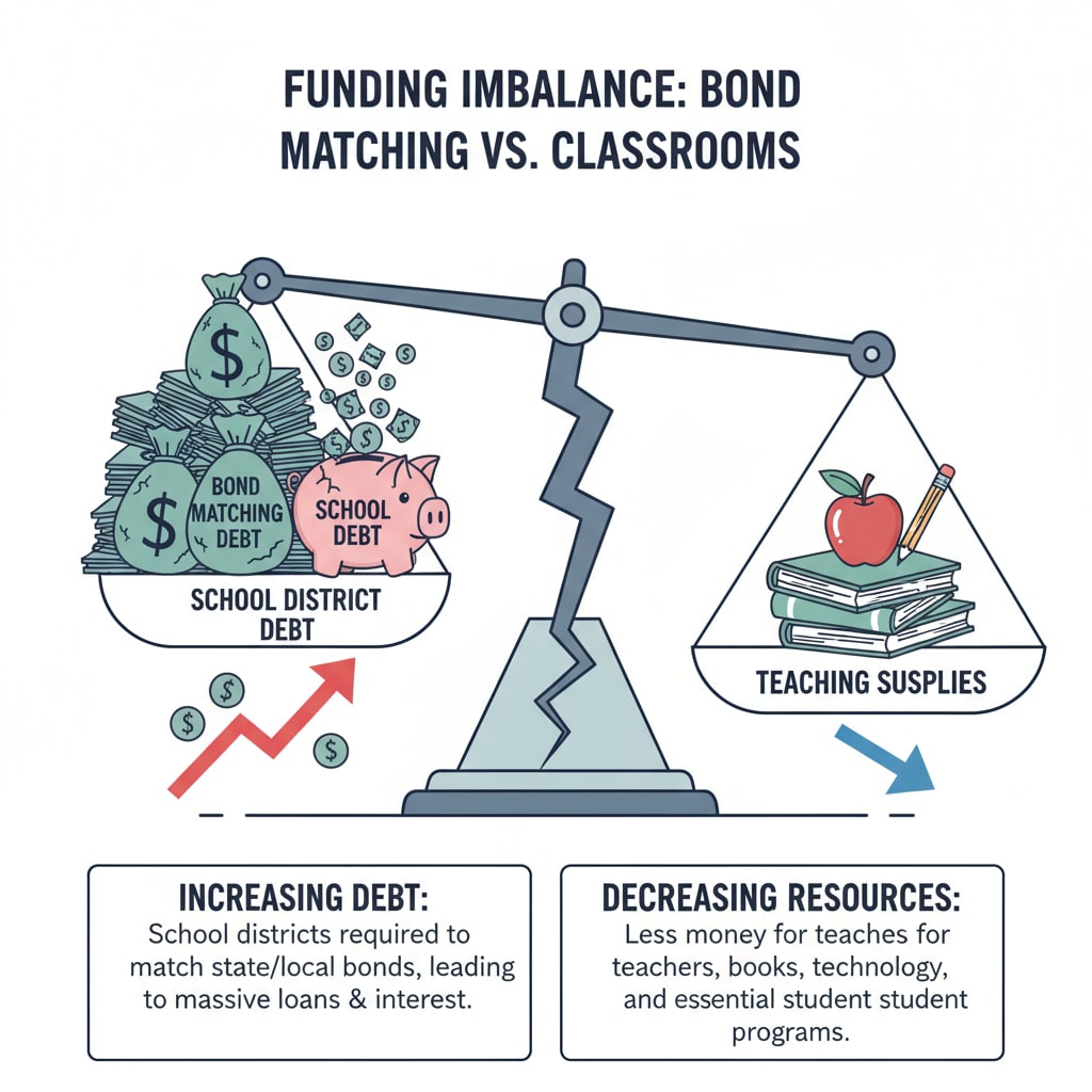 Graph showing the impact of OSCIM bond matching on education funding allocation between school district debt and classroom resources.