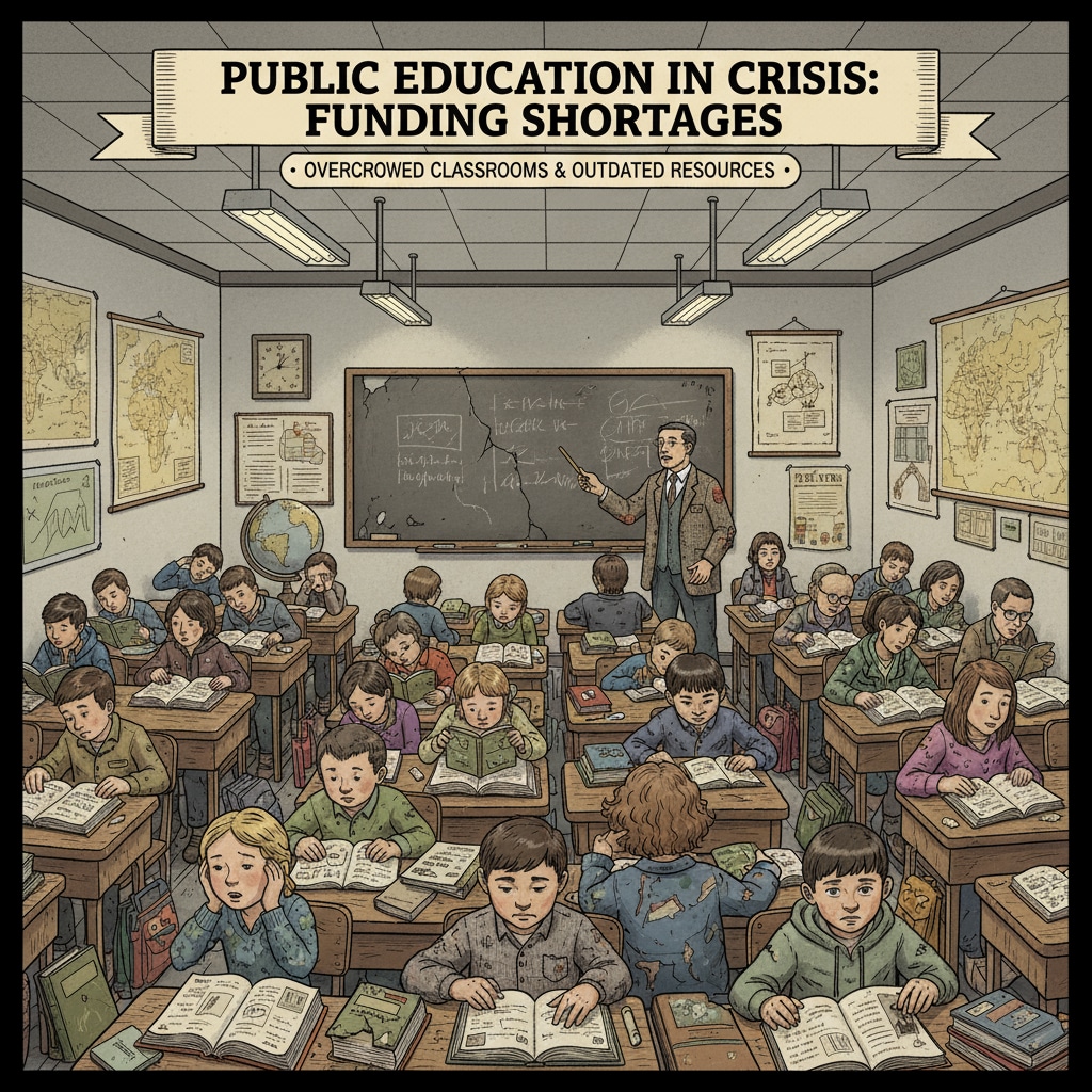 Classroom with overcrowded desks and outdated teaching materials as a result of education funding allocation issues related to OSCIM bond matching.