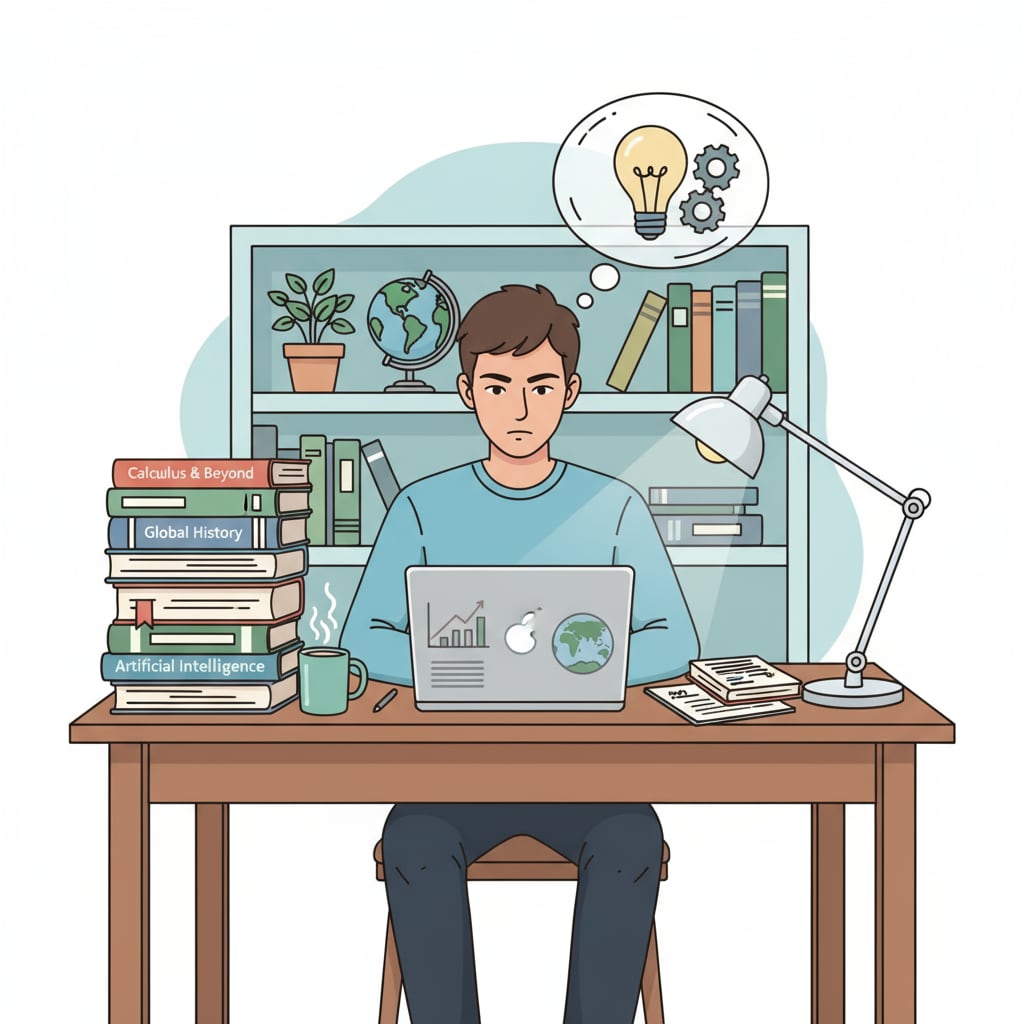 A person sitting at a desk, looking determined with books and a laptop, ready to start learning again A person ready to restart their learning journey after experiencing education regrets