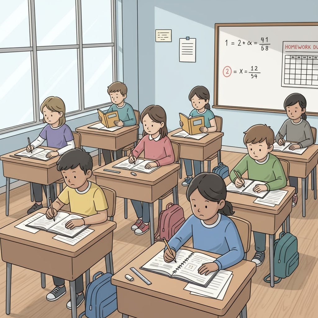 A group of students sitting at desks, some looking at textbooks and some writing, representing the daily homework scene Students doing homework, representing the educational debate around homework