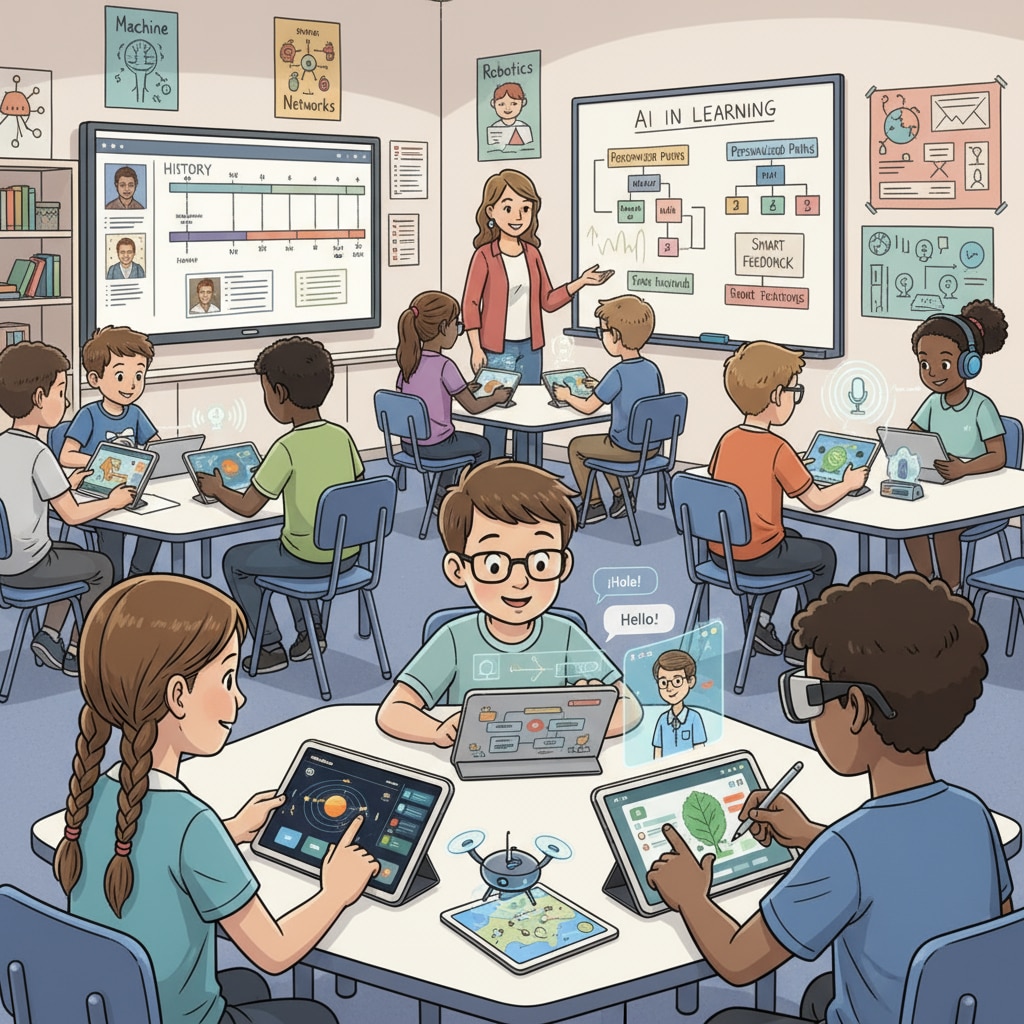Students using AI tools in a K12 classroom to enhance their learning