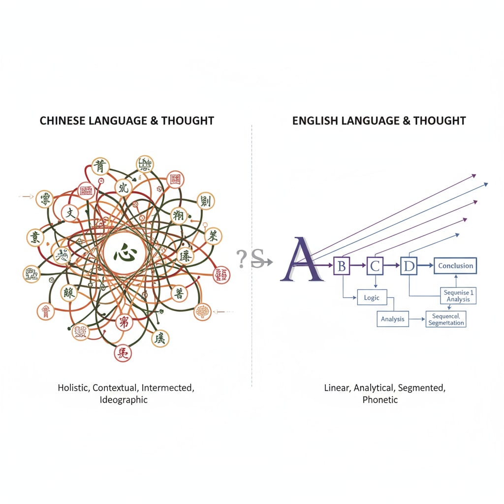 A visual representation comparing the complex, interconnected nature of Chinese language and thinking with the more linear, segmented nature of English language and thinking. Visual comparison of Chinese and English language structures reflecting different cultural thinking patterns