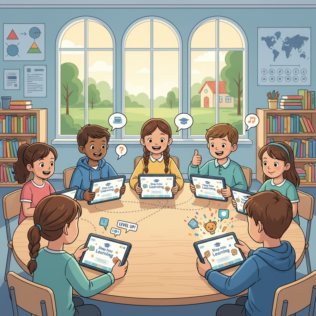A group of students are happily using the Step Into Learning platform on their tablets, showing a positive learning atmosphere. Students using the uncensored learning social platform Step Into Learning