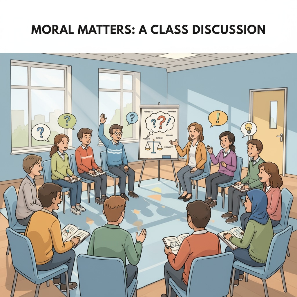 Students discussing moral issues in a classroom setting related to ethical education, compulsory credits, and civic education