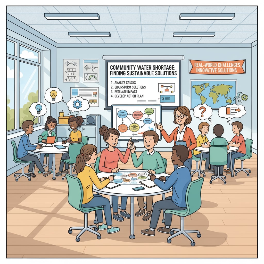 A classroom scene where students are engaged in a practical activity related to real - life problem - solving. Students are divided into groups, discussing and coming up with solutions to a given real - life scenario. Classroom activity for student preparedness to face real challenges
