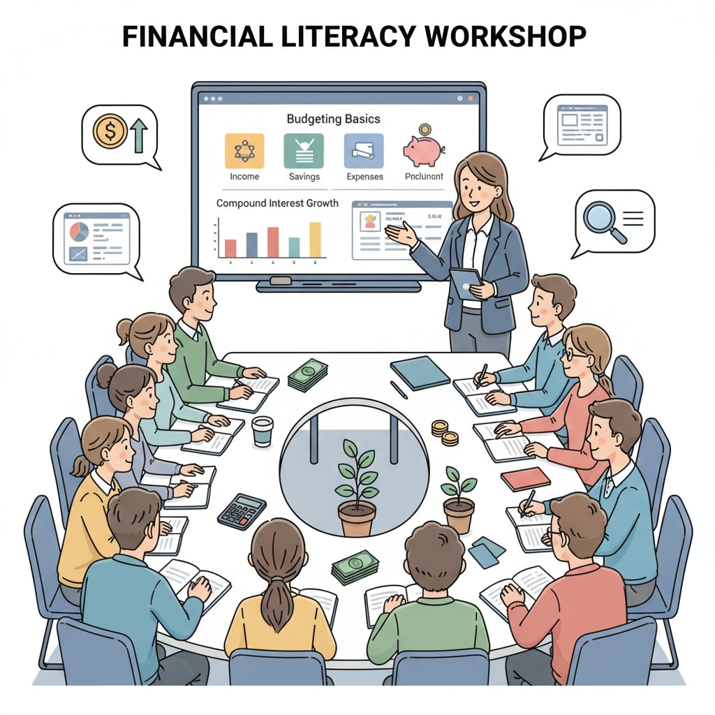 A group of students participating in a financial literacy workshop. Students are listening attentively to the instructor, who is explaining basic financial concepts and showing practical examples. Students learning financial literacy skills for real - life preparedness